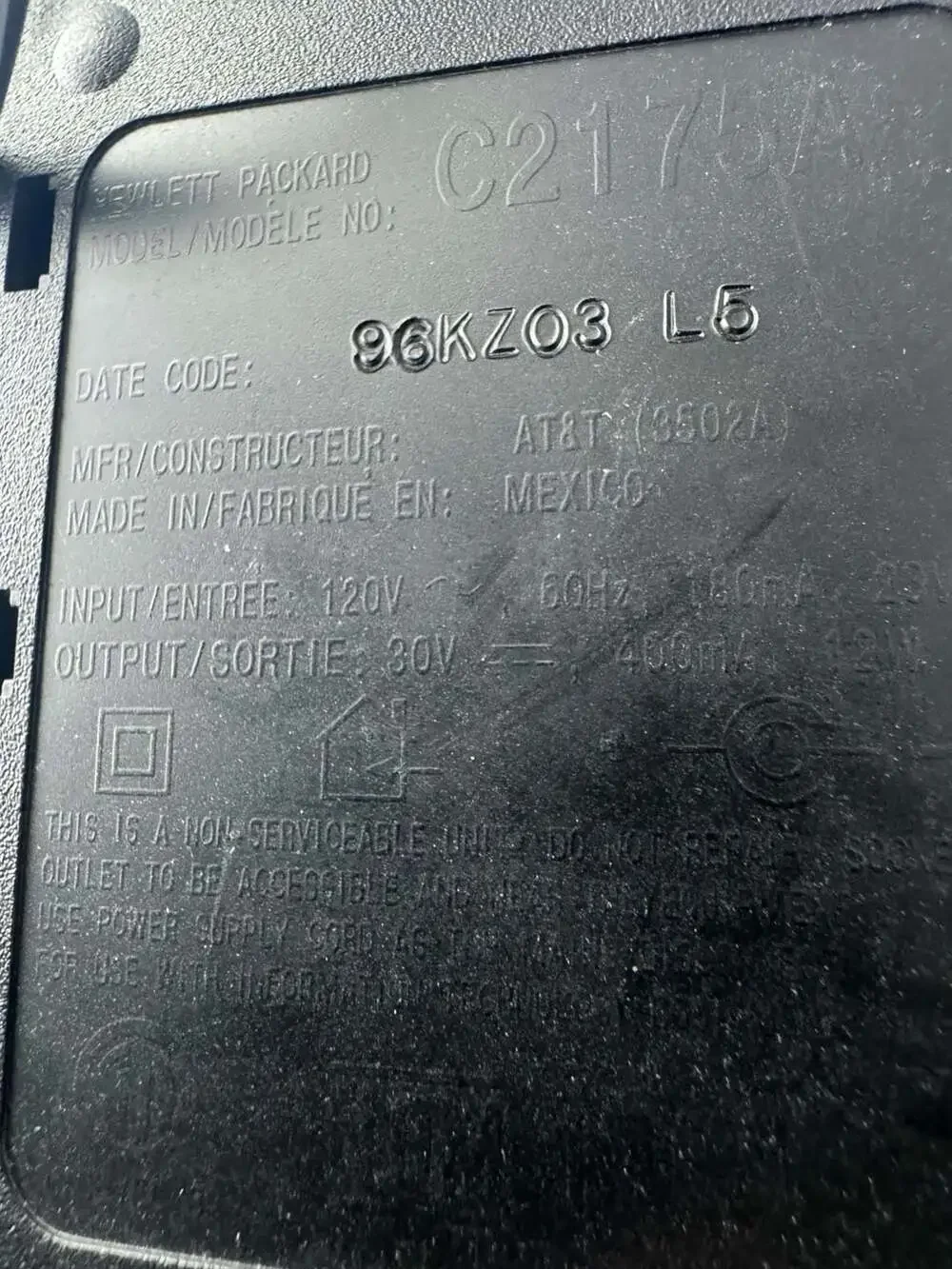 Hewlett Packard C2175A AC Power Adapter 30V 400mA